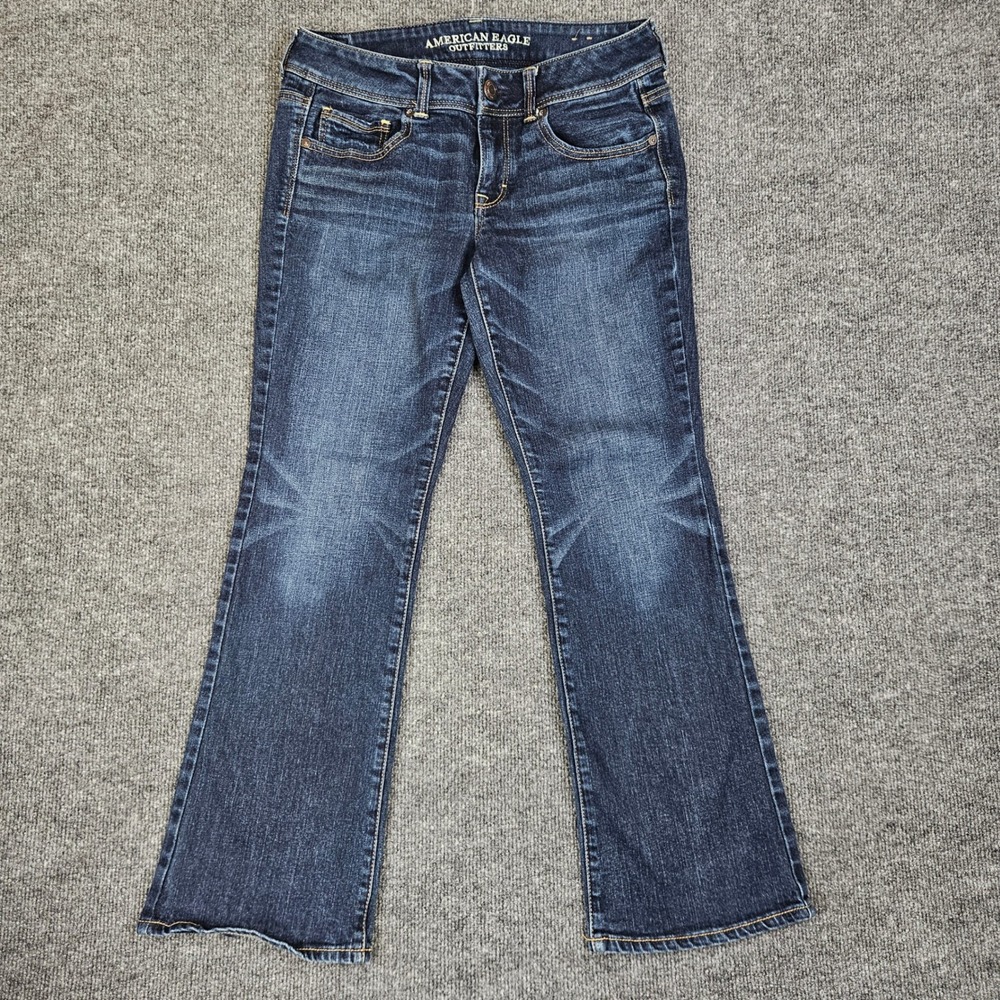 American Eagle Kick Boot Jeans Women's 8 SHORT Dark Wash Stretch Denim Low Rise